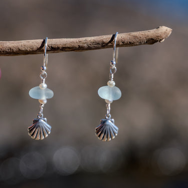 Sterling Silver Dainty Aqua Blue Sea Glass + Mini Baroque Pearl Scallop Shell Earrings